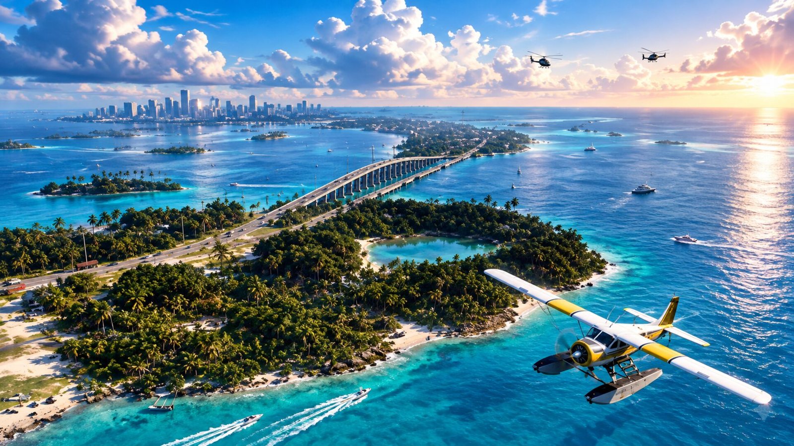 Isla de los Leonida Keys con un hidroavión amarillo