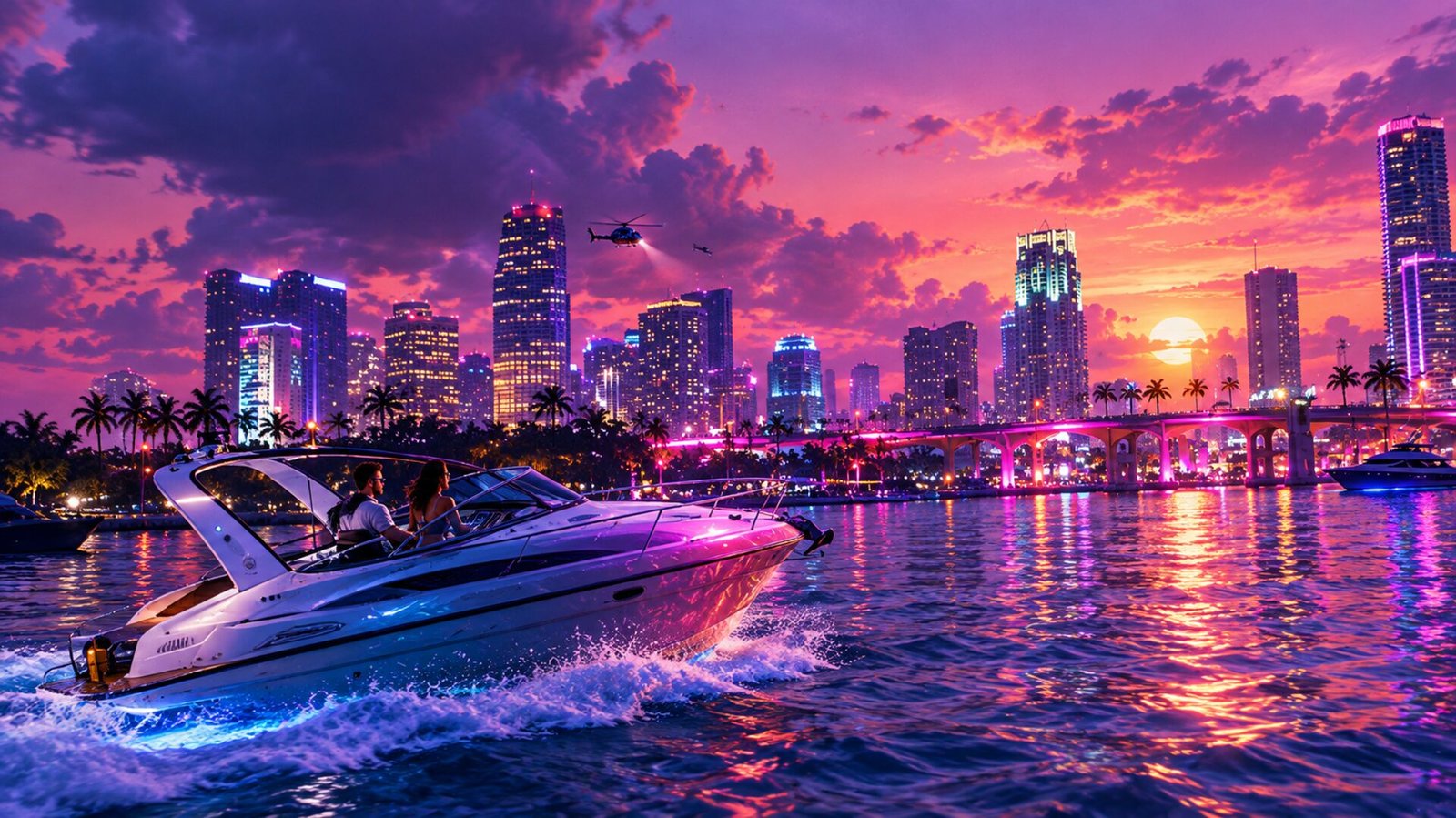 Vice City de noche con luces de neón desde el agua