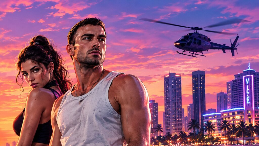 Jason y Lucia frente al skyline de Vice City